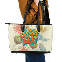 NZ Slang Sweet As Kiwi Shaka Sign Leather Tote Bag New Zealand Surfboards Sun and Tropical Beach Retro