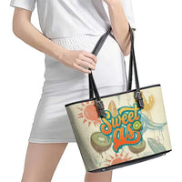 NZ Slang Sweet As Kiwi Shaka Sign Leather Tote Bag New Zealand Surfboards Sun and Tropical Beach Retro
