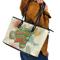 NZ Slang Sweet As Kiwi Shaka Sign Leather Tote Bag New Zealand Surfboards Sun and Tropical Beach Retro
