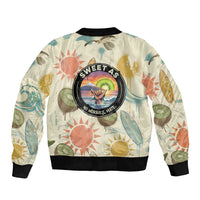 NZ Slang Sweet As Kiwi Shaka Sign Sleeve Zip Bomber Jacket New Zealand Surfboards Sun and Tropical Beach Retro