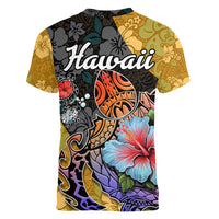 Hawaii Polynesian Women V Neck T Shirt Turtles and Hibiscus Flower Gradient Pattern TS04 - Polynesian Pride