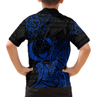 Pohnpei Federated States Of Micronesia Family Matching Short Sleeve Bodycon Dress and Hawaiian Shirt Polynesian Tribal Heritage Art With Blue Island Tattoo Patterns