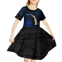 Pohnpei Federated States Of Micronesia Kid Short Sleeve Dress Polynesian Tribal Heritage Art With Blue Island Tattoo Patterns