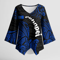 Pohnpei Federated States Of Micronesia Kimono Sleeve Blouse Polynesian Tribal Heritage Art With Blue Island Tattoo Patterns