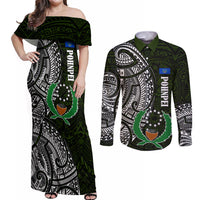 Pohnpei Federated States Of Micronesia Couples Matching Off Shoulder Maxi Dress and Long Sleeve Button Shirt Polynesian Tribal Heritage Art With Kaselehlie State Seal