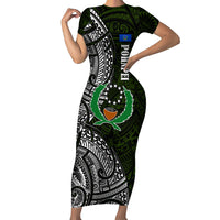 Pohnpei Federated States Of Micronesia Family Matching Short Sleeve Bodycon Dress and Hawaiian Shirt Polynesian Tribal Heritage Art With Kaselehlie State Seal TS04 Mom's Dress Green White - Polynesian Pride