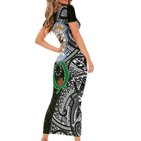 Pohnpei Federated States Of Micronesia Short Sleeve Bodycon Dress Polynesian Tribal Heritage Art With Kaselehlie State Seal