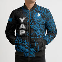 Yap Island Tribal Heritage Bomber Puffer Jacket Micronesian Polynesian Tattoo Pattern Blue Black Cultural Art