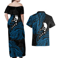Yap Island Tribal Heritage Couples Matching Off Shoulder Maxi Dress and Hawaiian Shirt Micronesian Polynesian Tattoo Pattern Blue Black Cultural Art