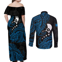 Yap Island Tribal Heritage Couples Matching Off Shoulder Maxi Dress and Long Sleeve Button Shirt Micronesian Polynesian Tattoo Pattern Blue Black Cultural Art