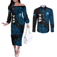 Yap Island Tribal Heritage Couples Matching Off The Shoulder Long Sleeve Dress and Long Sleeve Button Shirt Micronesian Polynesian Tattoo Pattern Blue Black Cultural Art