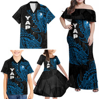Yap Island Tribal Heritage Family Matching Off Shoulder Maxi Dress and Hawaiian Shirt Micronesian Polynesian Tattoo Pattern Blue Black Cultural Art TS04 - Polynesian Pride