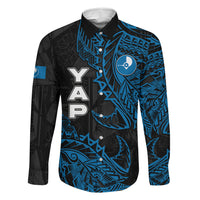 Yap Island Tribal Heritage Family Matching Off Shoulder Maxi Dress and Hawaiian Shirt Micronesian Polynesian Tattoo Pattern Blue Black Cultural Art TS04 Dad's Shirt - Long Sleeve Black Blue - Polynesian Pride