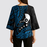 Yap Island Tribal Heritage Kimono Sleeve Blouse Micronesian Polynesian Tattoo Pattern Blue Black Cultural Art