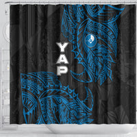 Yap Island Tribal Heritage Shower Curtain Micronesian Polynesian Tattoo Pattern Blue Black Cultural Art