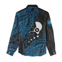 Yap Island Tribal Heritage Women Casual Shirt Micronesian Polynesian Tattoo Pattern Blue Black Cultural Art