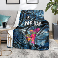 Yap Day Island Floral Tribal Heritage Blanket Micronesian Hibiscus Pattern Polynesian Tattoo Blue Art