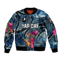 Yap Day Island Floral Tribal Heritage Bomber Jacket Micronesian Hibiscus Pattern Polynesian Tattoo Blue Art