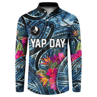 Yap Day Island Floral Tribal Heritage Button Sweatshirt Micronesian Hibiscus Pattern Polynesian Tattoo Blue Art