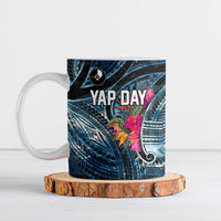 Yap Day Island Floral Tribal Heritage Ceramic Mug Micronesian Hibiscus Pattern Polynesian Tattoo Blue Art