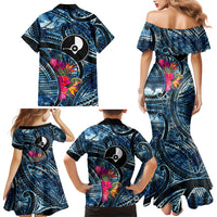 Yap Day Island Floral Tribal Heritage Family Matching Mermaid Dress and Hawaiian Shirt Micronesian Hibiscus Pattern Polynesian Tattoo Blue Art