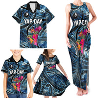 Yap Day Island Floral Tribal Heritage Family Matching Tank Maxi Dress and Hawaiian Shirt Micronesian Hibiscus Pattern Polynesian Tattoo Blue Art TS04 - Polynesian Pride