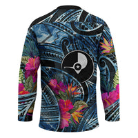 Yap Day Island Floral Tribal Heritage Hockey Jersey Micronesian Hibiscus Pattern Polynesian Tattoo Blue Art
