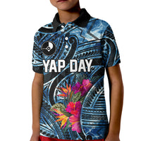 Yap Day Island Floral Tribal Heritage Kid Polo Shirt Micronesian Hibiscus Pattern Polynesian Tattoo Blue Art
