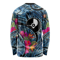 Yap Day Island Floral Tribal Heritage Long Sleeve Shirt Micronesian Hibiscus Pattern Polynesian Tattoo Blue Art