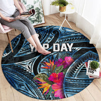 Yap Day Island Floral Tribal Heritage Round Carpet Micronesian Hibiscus Pattern Polynesian Tattoo Blue Art