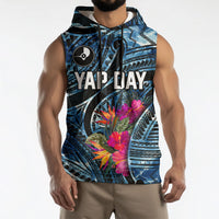 Yap Day Island Floral Tribal Heritage Sleeveless Hoodie Micronesian Hibiscus Pattern Polynesian Tattoo Blue Art