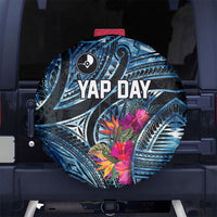 Yap Day Island Floral Tribal Heritage Spare Tire Cover Micronesian Hibiscus Pattern Polynesian Tattoo Blue Art