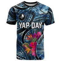 Yap Day Island Floral Tribal Heritage T Shirt Micronesian Hibiscus Pattern Polynesian Tattoo Blue Art