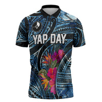 Yap Day Island Floral Tribal Heritage Zipper Polo Shirt Micronesian Hibiscus Pattern Polynesian Tattoo Blue Art