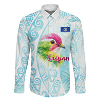 Saipan CMNI Family Matching Long Sleeve Bodycon Dress and Hawaiian Shirt Polynesian Northern Mariana Islands Fruit Dove Watercolor TS04 Dad's Shirt - Long Sleeve Blue White - Polynesian Pride