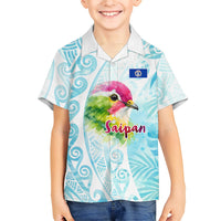Saipan CMNI Family Matching Mermaid Dress and Hawaiian Shirt Polynesian Northern Mariana Islands Fruit Dove Watercolor TS04 Son's Shirt Blue White - Polynesian Pride