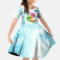 Saipan CMNI Family Matching Off The Shoulder Long Sleeve Dress and Hawaiian Shirt Polynesian Northern Mariana Islands Fruit Dove Watercolor TS04 Daughter's Dress Blue White - Polynesian Pride