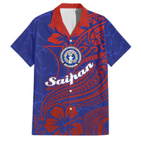 Saipan Northern Mariana Islands Family Matching Off Shoulder Maxi Dress and Hawaiian Shirt Polynesian Tribal Tattoo Art With Hibiscus Flowers And Seal TS04 Dad's Shirt - Short Sleeve Blue Red - Polynesian Pride