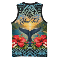 Personalized Masefau American Samoa Whale Basketball Jersey Polynesian Tribal Pattern Tropical Hibiscus