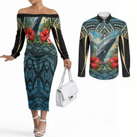Personalized Masefau American Samoa Whale Couples Matching Off The Shoulder Long Sleeve Dress and Long Sleeve Button Shirt Polynesian Tribal Pattern Tropical Hibiscus