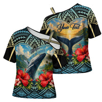 Personalized Masefau American Samoa Whale Cross Shoulder Shirt Polynesian Tribal Pattern Tropical Hibiscus