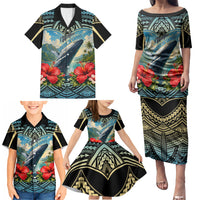 Personalized Masefau American Samoa Whale Family Matching Puletasi and Hawaiian Shirt Polynesian Tribal Pattern Tropical Hibiscus