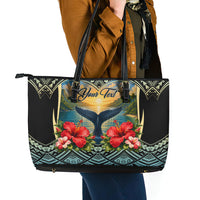 Personalized Masefau American Samoa Whale Leather Tote Bag Polynesian Tribal Pattern Tropical Hibiscus