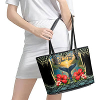 Personalized Masefau American Samoa Whale Leather Tote Bag Polynesian Tribal Pattern Tropical Hibiscus