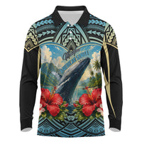 Personalized Masefau American Samoa Whale Long Sleeve Polo Shirt Polynesian Tribal Pattern Tropical Hibiscus