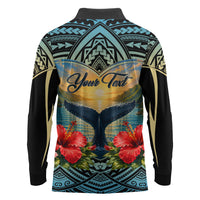 Personalized Masefau American Samoa Whale Long Sleeve Polo Shirt Polynesian Tribal Pattern Tropical Hibiscus