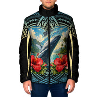 Personalized Masefau American Samoa Whale Padded Jacket Polynesian Tribal Pattern Tropical Hibiscus