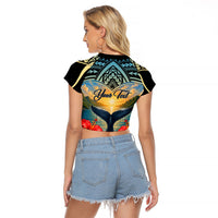 Personalized Masefau American Samoa Whale Raglan Cropped T Shirt Polynesian Tribal Pattern Tropical Hibiscus