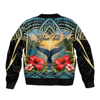Personalized Masefau American Samoa Whale Sleeve Zip Bomber Jacket Polynesian Tribal Pattern Tropical Hibiscus