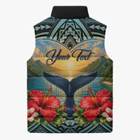 Personalized Masefau American Samoa Whale Sleeveless Puffer Jacket Polynesian Tribal Pattern Tropical Hibiscus